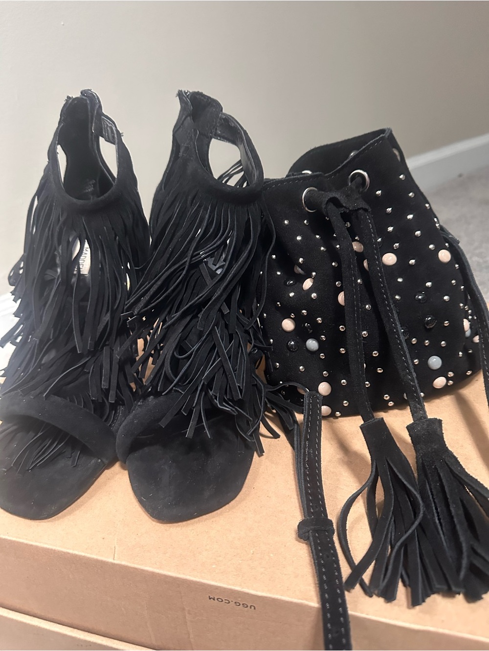 Steve Madden Black Suede Fringly High Heel Sandals with Studded Drawstring Bag